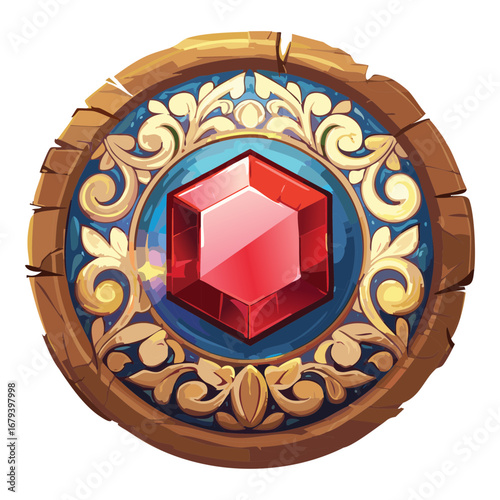 Exquisite circular wooden and golden badge with a magnificent red gemstone and intricate filigree, a royal and luxurious ornamental piece