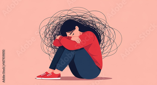 Young woman suffering from depression and anxiety is sitting and hugging knees