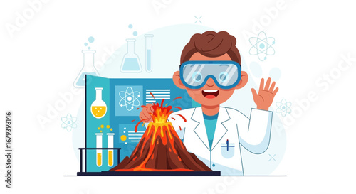 Smiling Scientist Demonstrating a Volcanic Eruption With Scientific Tools and Equipment