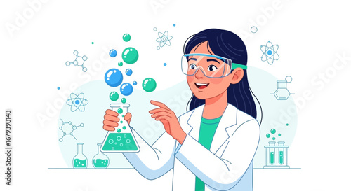 Smiling Scientist Performing Chemistry Experiments With Bubbles and Flasks in Lab Setting