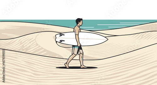Surfer Walking Towards the Serene Sea, Carrying Surfboard on the Sandy Beach