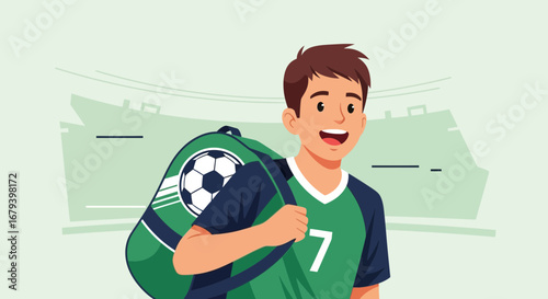 Smiling Soccer Player Carrying Bag Ready For Game Confidently On The Stadium Background