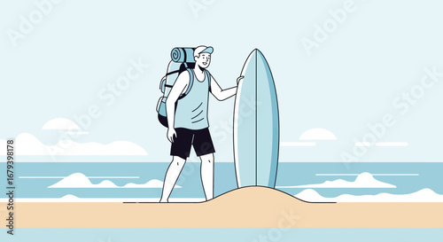 Surfer with backpack on the beach with surfboard ready for a new adventure and vacation