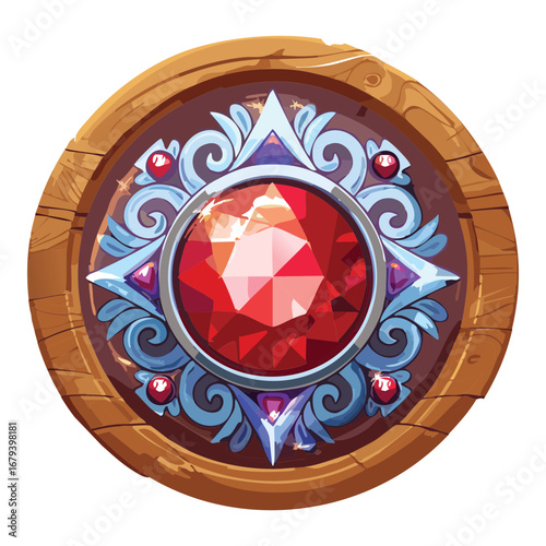 Regal circular wooden emblem with a sparkling red gemstone and intricate filigree, a beautiful and luxurious decorative ornament