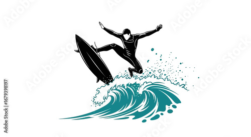 Surfer's Aerial Acrobatics: Airborne Surfing Silhouette Against Emerald Ocean Waves