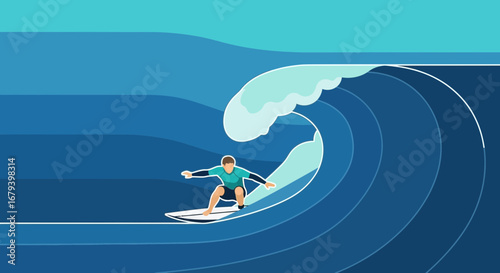 Surfing Athlete Successfully Rides a Powerful Wave in the Ocean with a Graceful Silhouette
