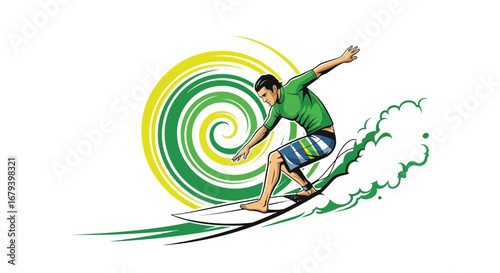 Surfing Icon Depicting Athleticism Adorned with Energetic Artistic Details