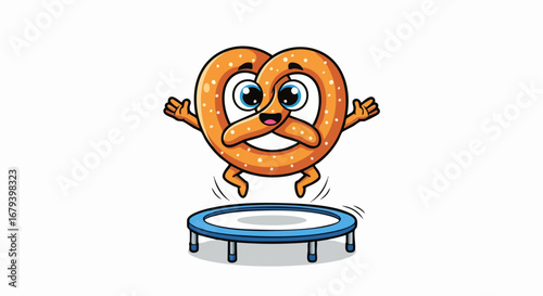 Happy cartoon pretzel character jumping on a mini trampoline with joy.