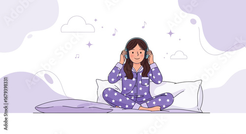 Smiling Woman Listens To Music While In Bed, Peaceful Nighttime Relaxation