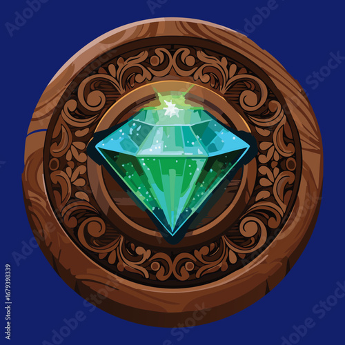 Regal circular wooden emblem with a brilliant green gemstone, intricate filigree, and a beautiful carved pattern, a detailed and luxurious design