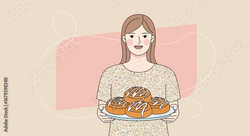 Smiling Woman Holding Plate Of Freshly Baked Cinnamon Rolls Ready To Eat