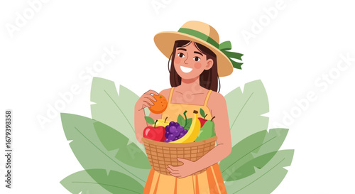 Smiling Woman with Basket Of Fruit Is Ready For Healthy Lifestyle Activities