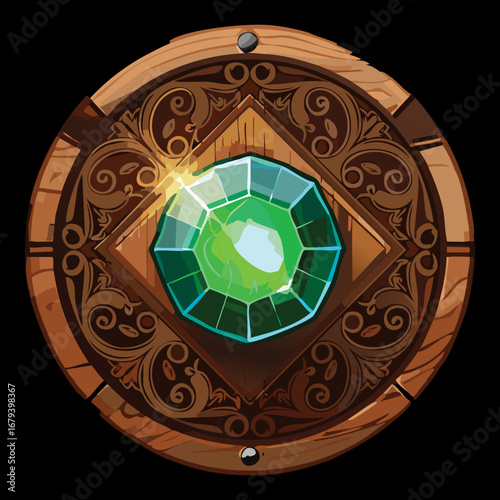 Majestic circular wooden ornament with a radiant green emerald and elegant carvings, a timeless design on a black background