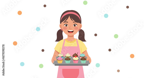 Smiling young girl holding a tray of delicious cupcakes with colorful sprinkles