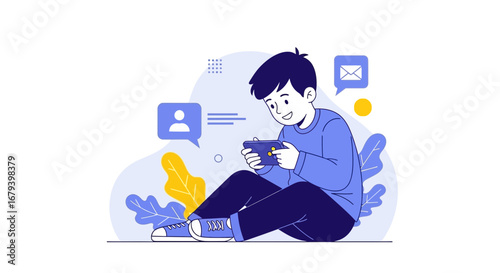 Smiling Young Boy Using Handheld Device, Connected Online With Message Icons Displayed