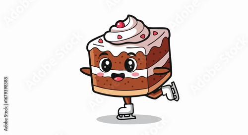 Cartoon Cake Slice Ice Skating Character with a Smiling Face.