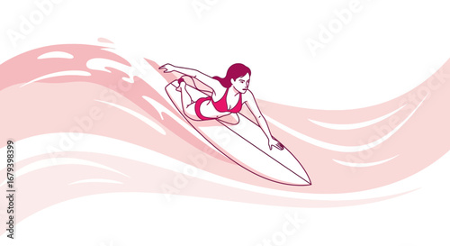 Surfing Woman On Boarding Waves in Pink Palette Vector Illustration Graphic Design