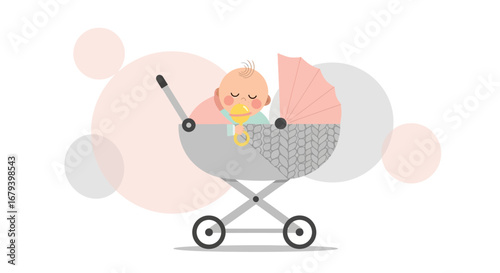 Sweet Baby Napping Comfortably Inside a Stroller with Pastel Color Palette