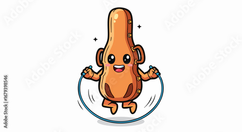 Cartoon Guitar Case Character Jumping Rope with a Smile.