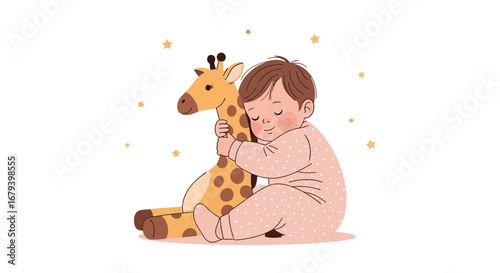 Sweet baby hugging a giraffe plush toy, illustrating love and childhood dream