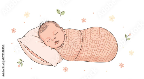 Sweet baby sleeping peacefully wrapped in a blanket illustration on white background