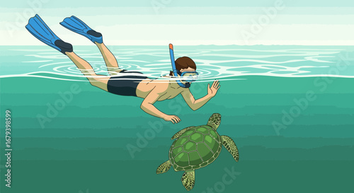 Snorkeler interacting with a sea turtle underwater during a recreational activity