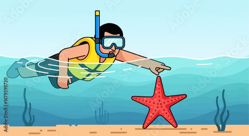 Snorkeler Swimming Towards A Vibrant Starfish In The Ocean With Blue Waters