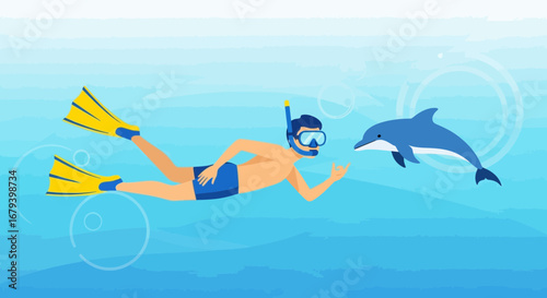 Snorkeler Swimming Beside A Friendly Dolphin In The Turquoise Ocean Water