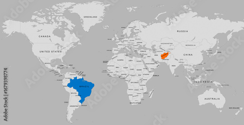 Political map showing borders of Afghanistan and Brazil countries