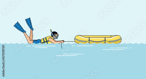 Snorkeler Tugging Inflatable Raft Across Calm Waters Under A Clear Blue Sky