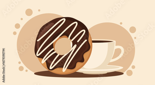 Sweet Chocolate Donut And Coffee Artfully Presented In A Simplified Illustration