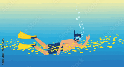 Snorkeler Welcomes Viewers Swimming Underwater Surrounded By Yellow School Of Fish