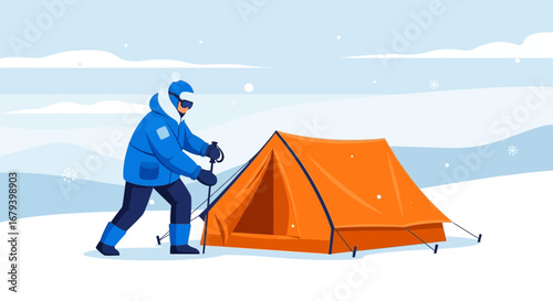 Snowy Camping Adventure: A Person Setting Up a Tent in a Winter Landscape