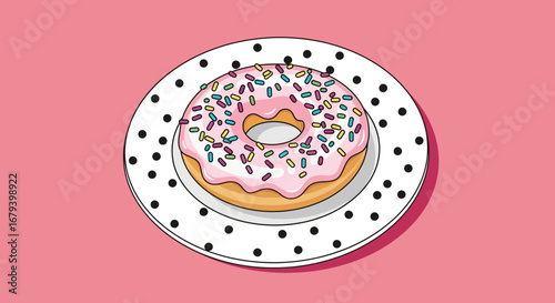 Sweet Donut On A Plate With Multicolored Sprinkles Over The Pink Background