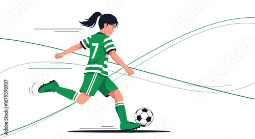 Soccer Action: A Female Player Kicks the Ball Energetically Towards the Goal, Illustrated
