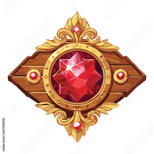 Ornate wooden and golden ornament with a magnificent red ruby and elegant filigree, a royal decorative emblem with a vintage feel