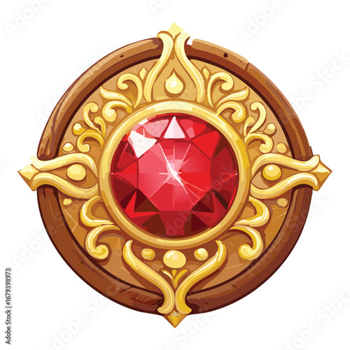 Majestic circular wooden emblem featuring a brilliant red ruby and intricate golden filigree, a powerful and luxurious design element