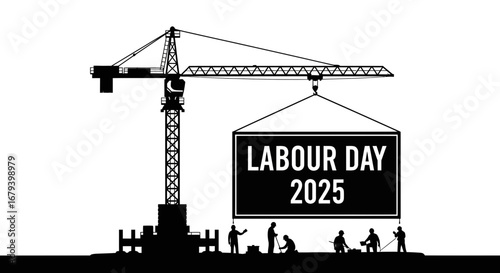 Vector art of labour day 2025 celebration with construction crane and workers