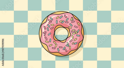 Sweet Doughnut With Colorful Sprinkles And Checkerboard Style Background
