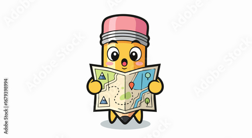 Cute cartoon pencil character exploring a map for navigation.