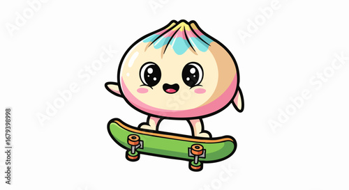 Cute Cartoon Dumpling Skateboarding.
