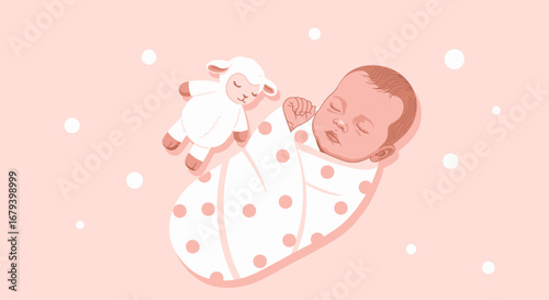Sweet Dreamer: A Peaceful Illustration of a Newborn Baby and a Cozy Plush Toy