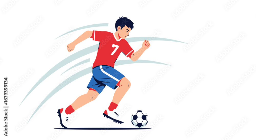 Fototapeta premium Soccer Player Kicking Ball and Running Fast with Speed Lines in Illustration