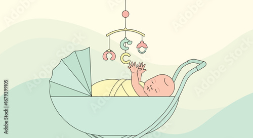Sweet Dreams: Newborn Baby Resting Peacefully In Its Stroller With A Mobile Above