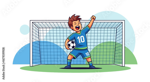 Soccer player celebrating a goal with a soccer ball and the goal in the background