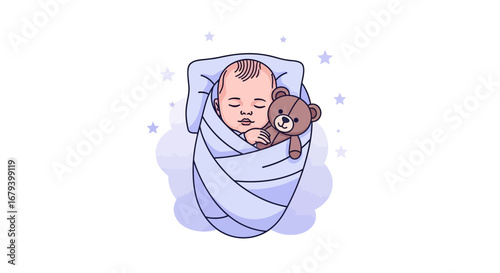 Sweet Dreams: A Peaceful Slumber of a Newborn Baby with a Teddy Bear Comfort