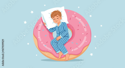 Sweet Dreams: A Whimsical Illustration of Boy Sleeping on a Giant Donut