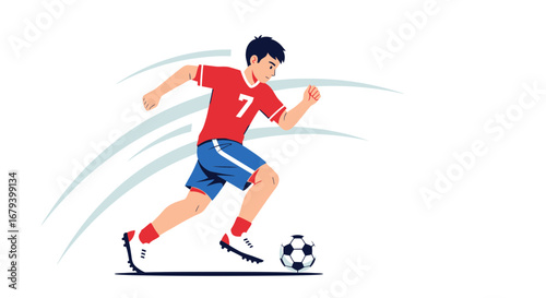 Soccer Player Kicking Ball and Running Fast with Speed Lines in Illustration