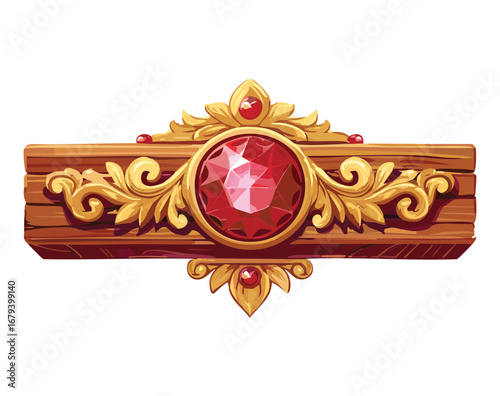 Ornate golden clasp with a magnificent red gem and intricate carvings, a royal and luxurious design on a filigree base