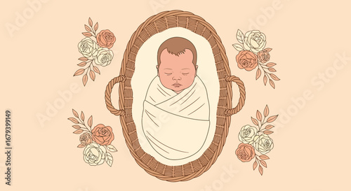 Sweet Dreams: Peaceful Newborn Baby Sleeping Comfortably in Woven Basket Surrounded by Floral